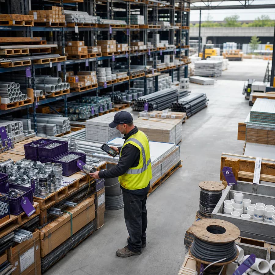 Warehouse lead scanning construction materials in an organized inventory yard