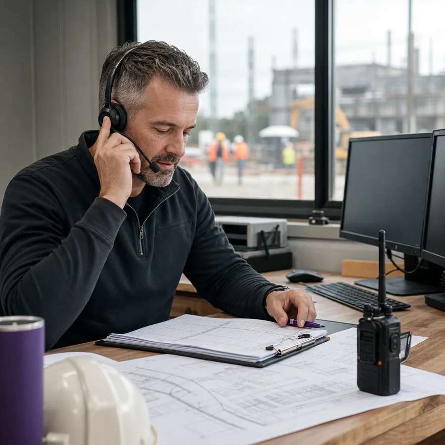 Construction operations coordinator handling a call beside project plans and a radio