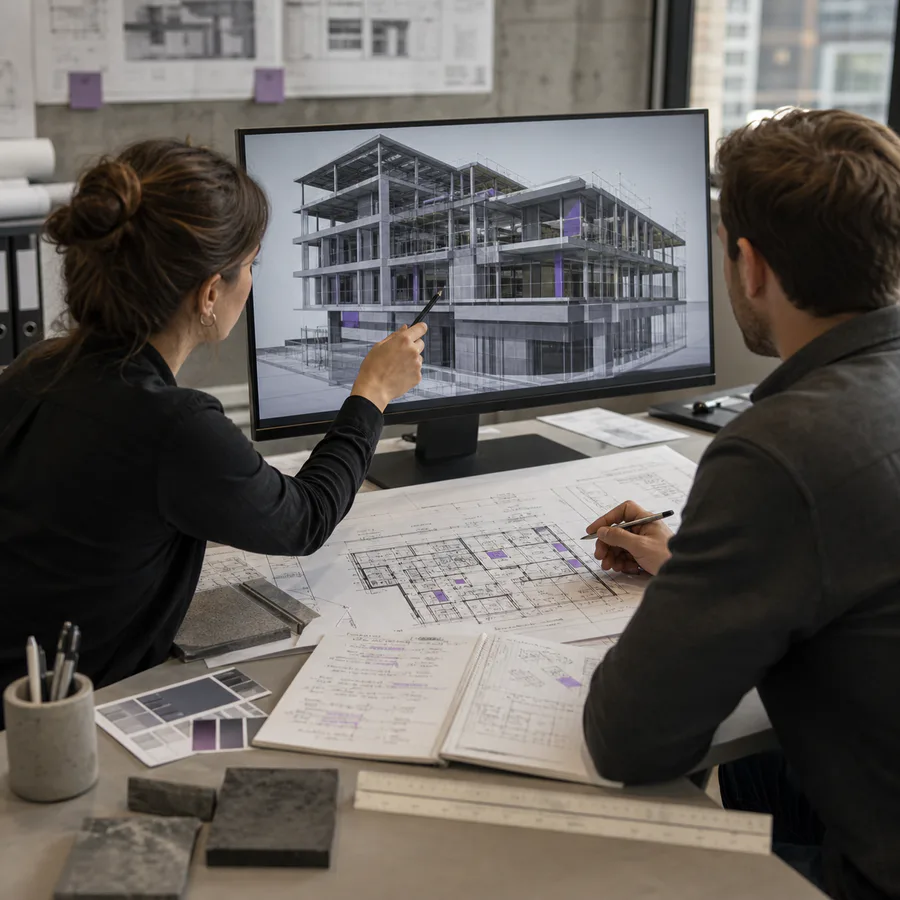 Estimator and project engineer comparing a building model with printed construction plans