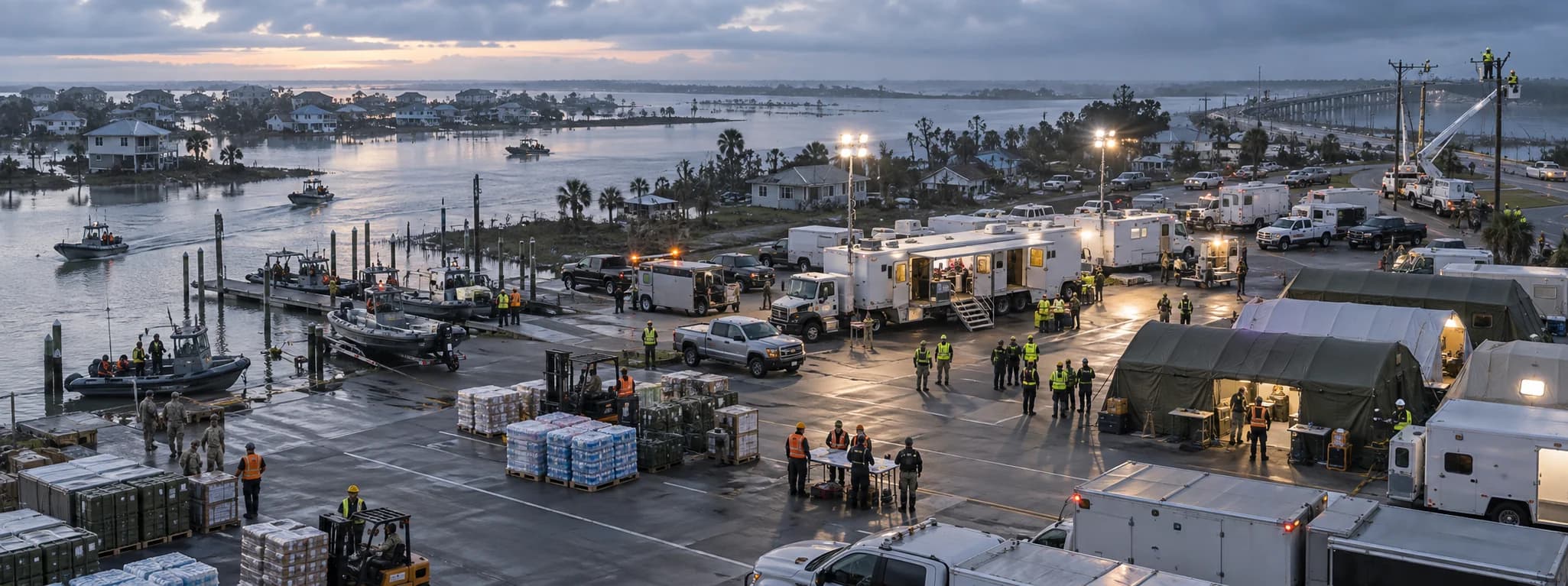 Coordinated emergency response staging area with mobile command units, rescue boats, utility crews, and field logistics