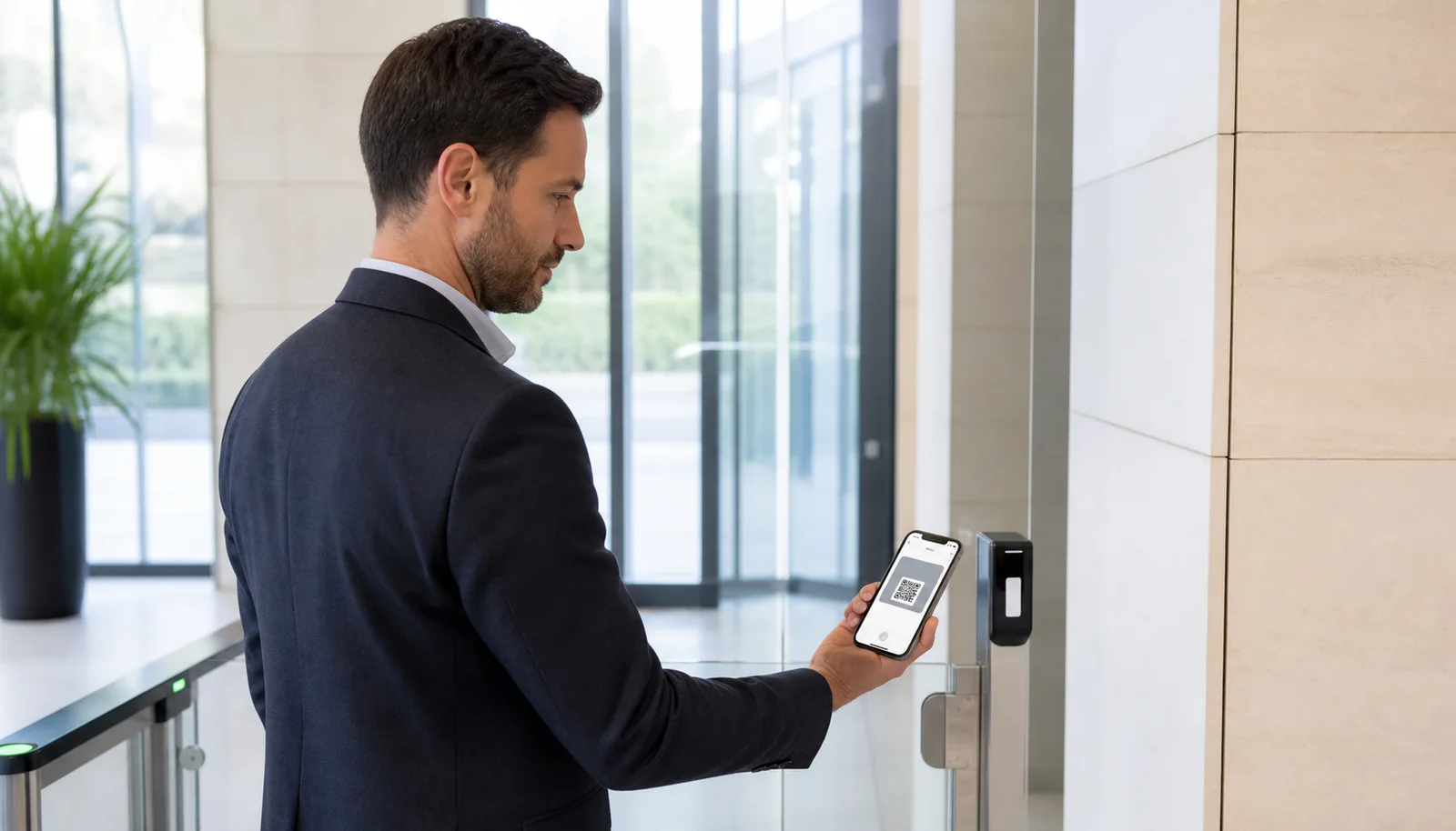 Employee using a digital Wallet card to check into a workplace