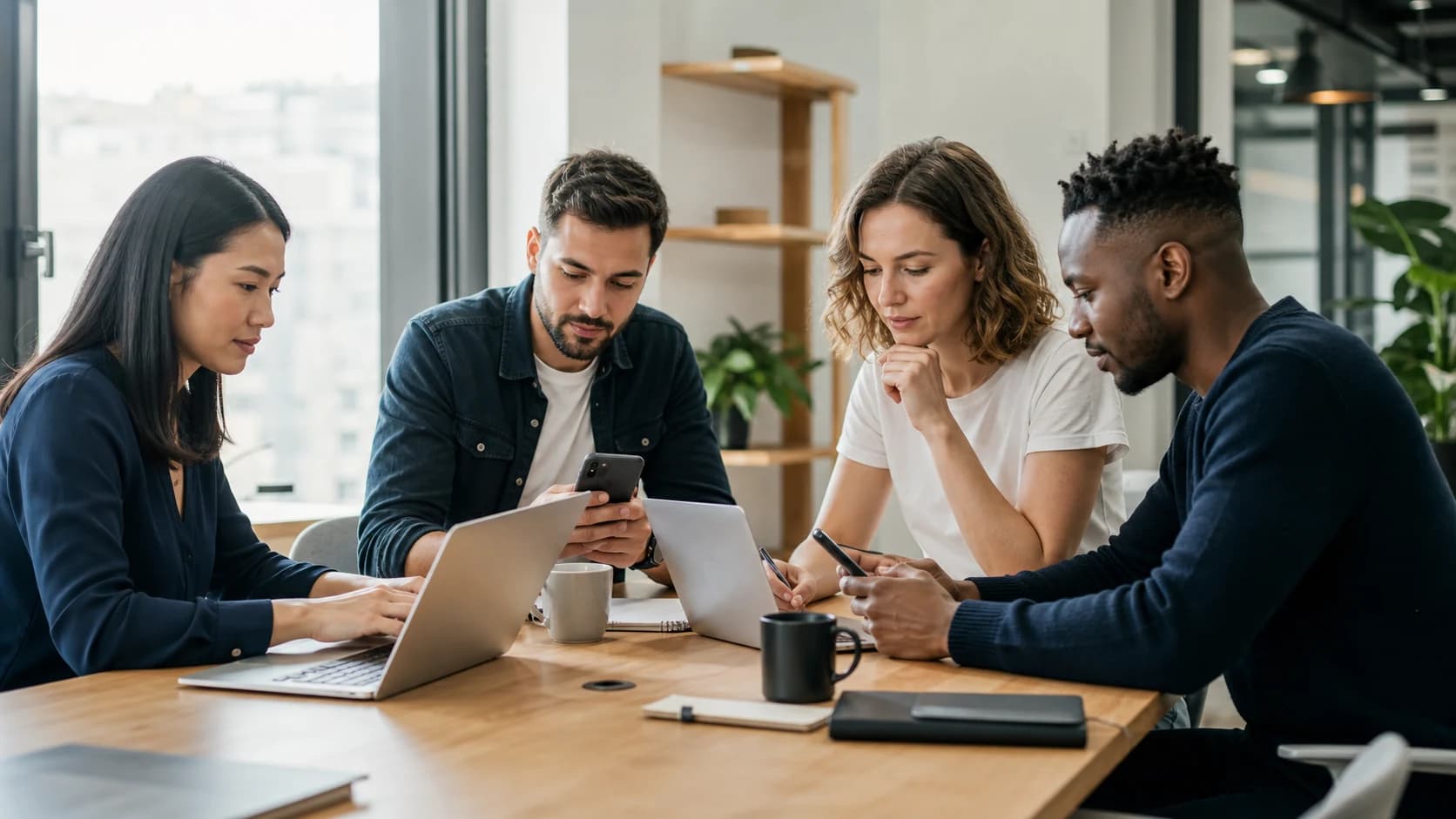 Marketing team collaborating with laptops and smartphones around a shared table