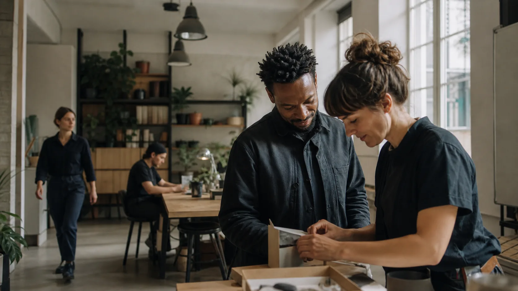 A small team working together in a bright and orderly workplace