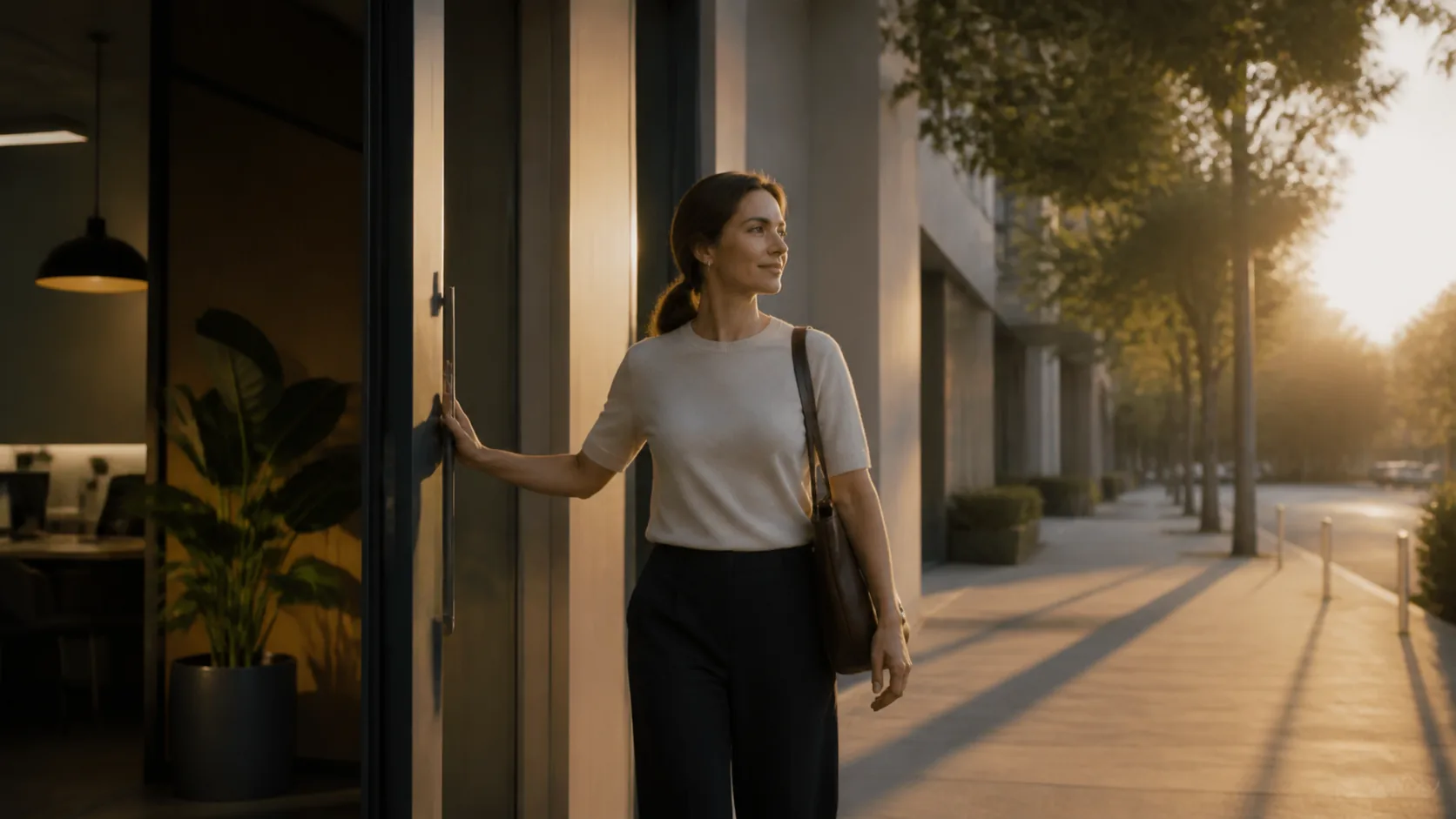 An employee leaving a calm workplace in the late afternoon