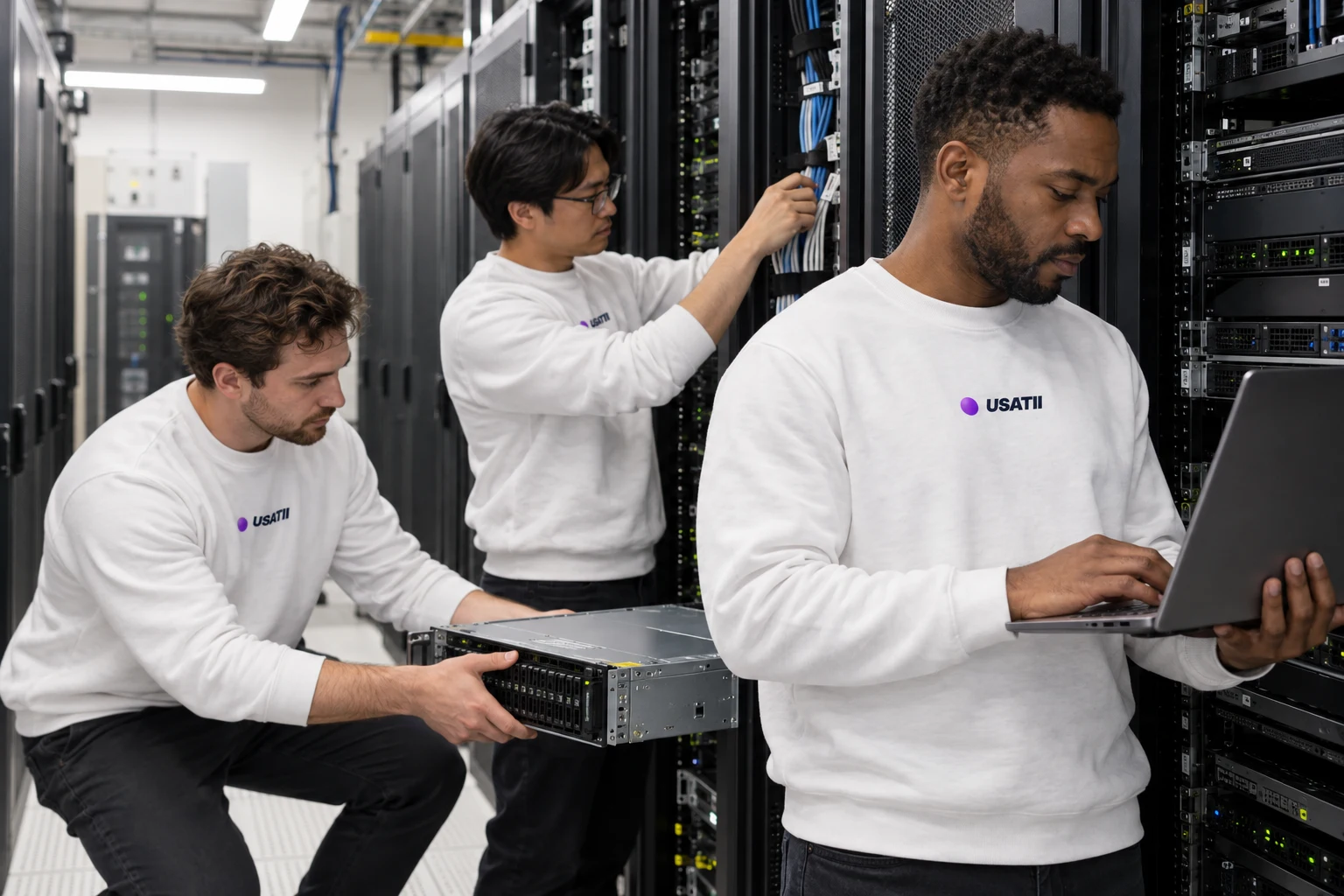 AI-generated scene of three engineers in white USATII sweatshirts installing data-center equipment